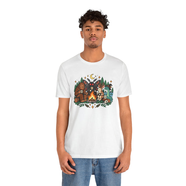 White crew-neck campfire cryptid tee with colorful front graphic, short sleeves