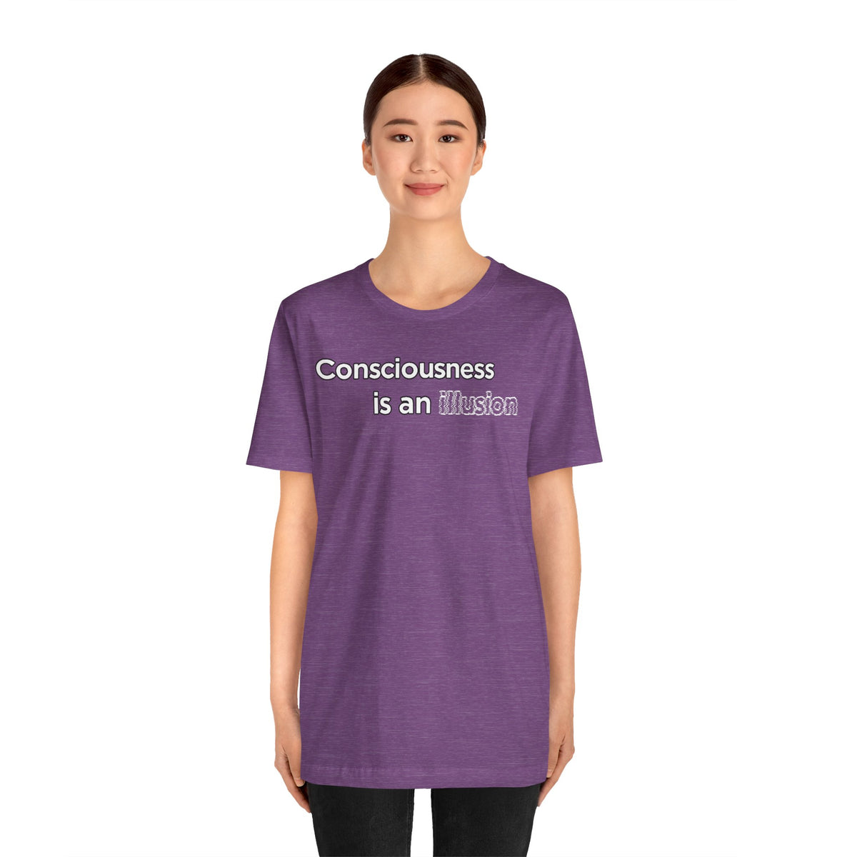 Purple crewneck graphic T-shirt with centered 'Consciousness is an illusion' text