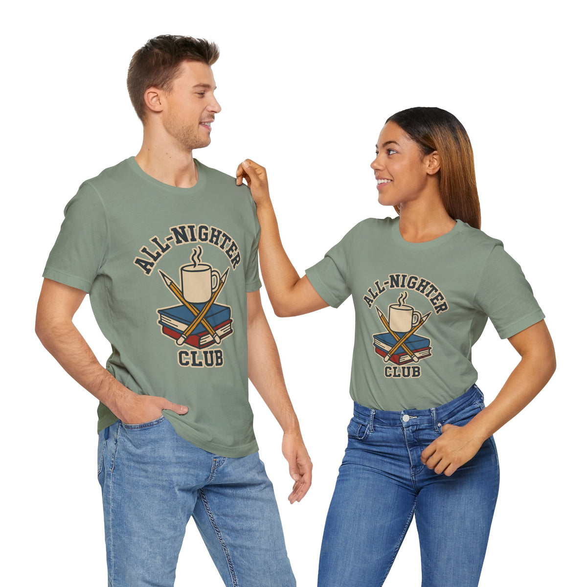 Sage green crewneck T-shirt with All-Nighter Club coffee graphic