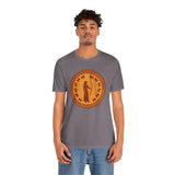Gray-purple crewneck t-shirt with round orange Greek goddess logo on front
