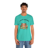 Teal crewneck T-shirt with axolotl reading books chest graphic