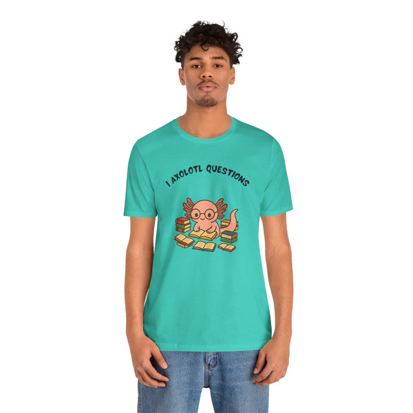 Teal crewneck T-shirt with axolotl reading books chest graphic