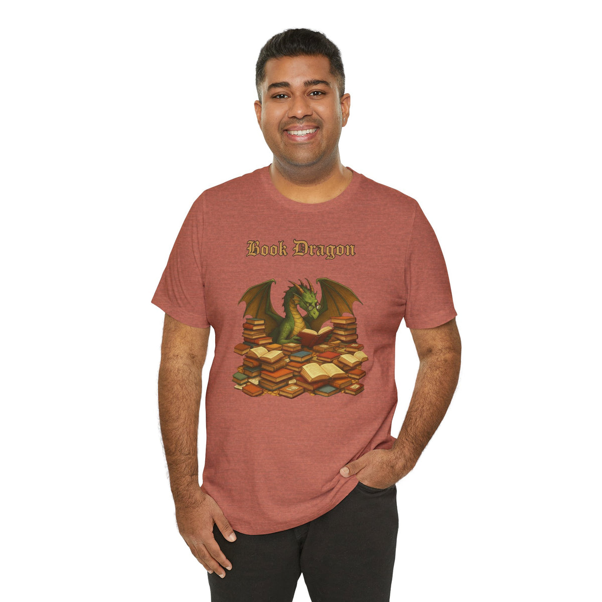 Rust brown crewneck t-shirt with Book Dragon dragon-and-books design