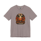 Heather brown T-shirt with front circular pumpkin spice cauldron graphic text 