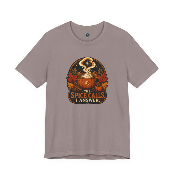 Heather brown T-shirt with front circular pumpkin spice cauldron graphic text "I ANSWER".