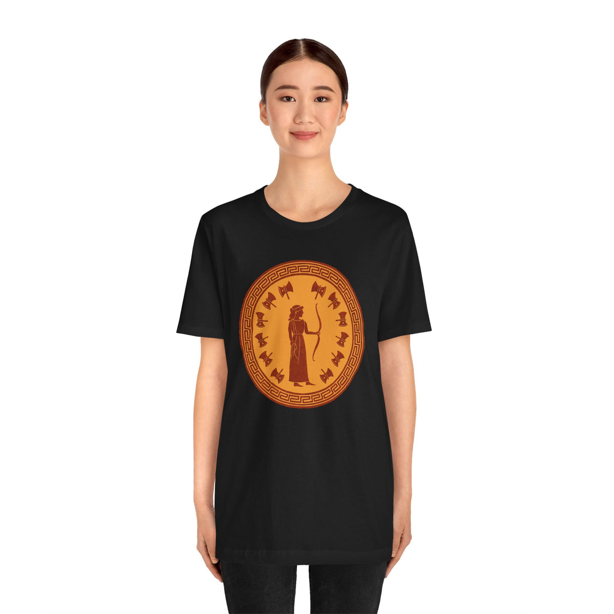 Black crewneck t-shirt with orange circular goddess print centered on chest