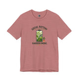 Heather rose T-shirt with 'Social Battery Charging' and 'Garden Mode' plant graphic
