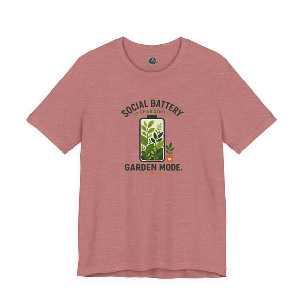 Heather rose T-shirt with 'Social Battery Charging' and 'Garden Mode' plant graphic