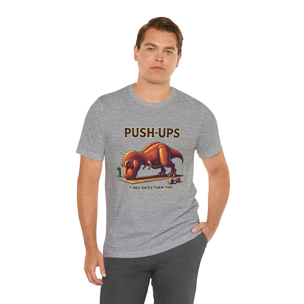 Heather gray crew-neck graphic T-shirt with “Push-ups” T-Rex illustration