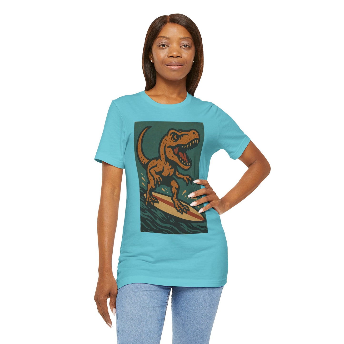 Surfing T-Rex T-Shirt – Funny Dinosaur Graphic Tee for Summer Vibes - WhimSpin - https://whimspin.com