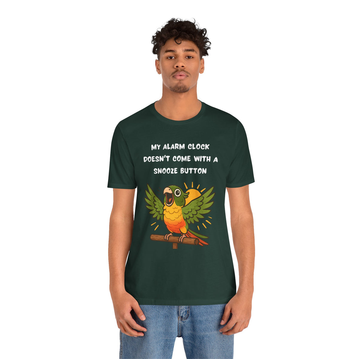 Dark green graphic parrot alarm T-shirt on male model, slogan and winged bird print