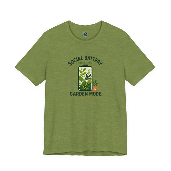 Olive green T-shirt with 'Social Battery Charging' and 'Garden Mode' plant graphic