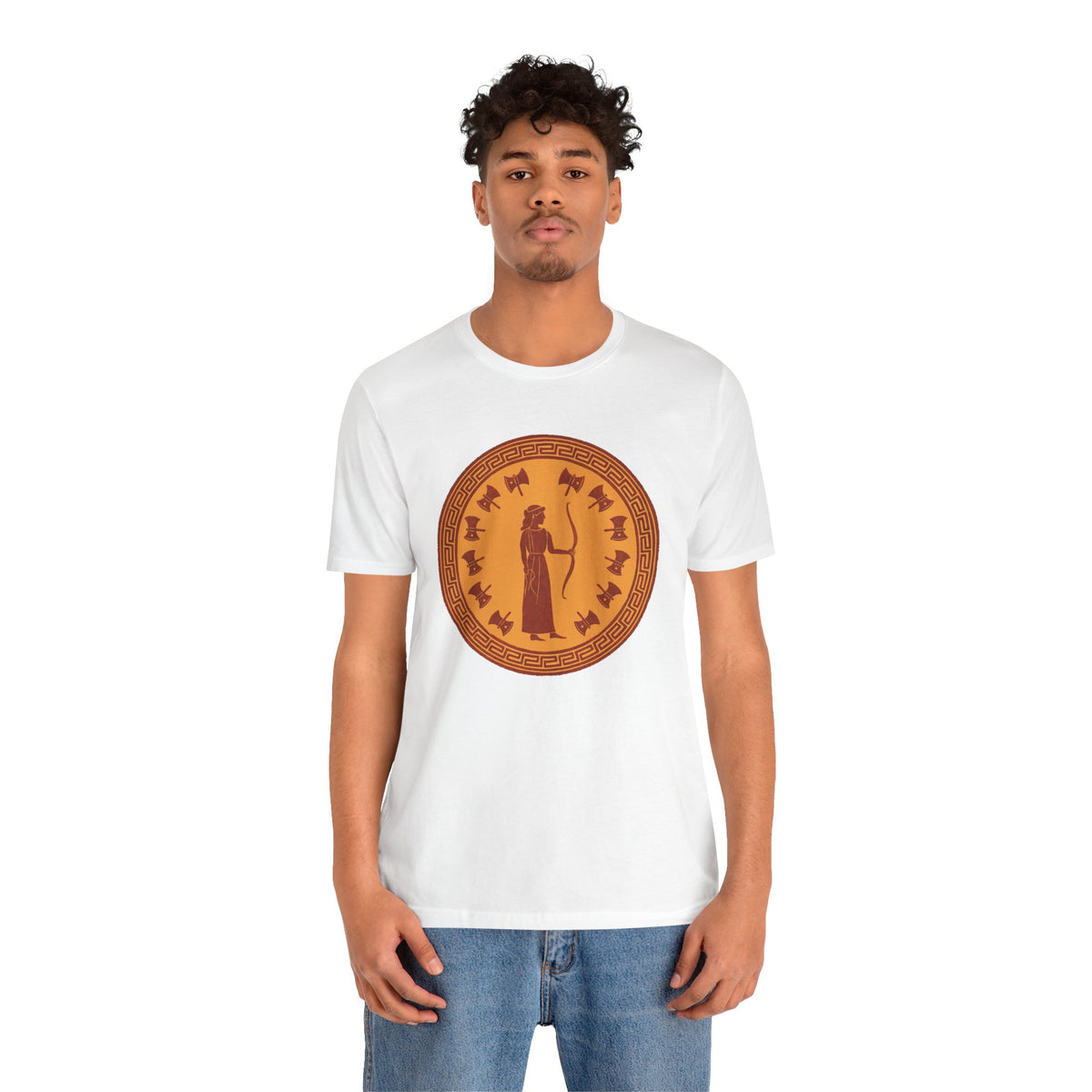 White crewneck T-shirt with circular bronze queen graphic, front view on model