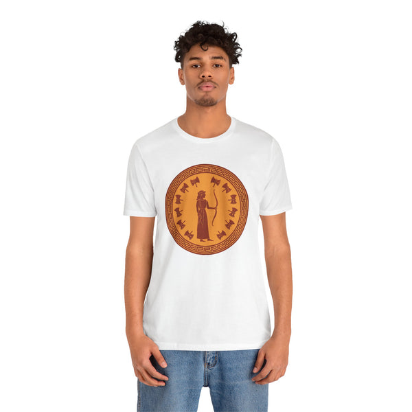 White crewneck T-shirt with circular bronze queen graphic, front view on model