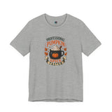 Heather gray crew-neck T-shirt with colorful pumpkin-spice coffee graphic on the chest