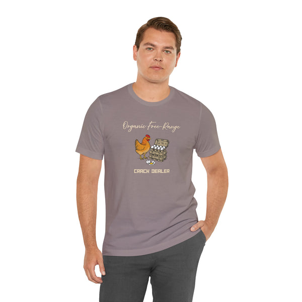 Heather mauve unisex T-shirt with chicken and egg dealer chest print, crew neck