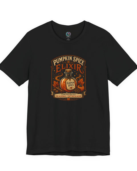Black crew-neck T-shirt with Pumpkin Spice Elixir front graphic