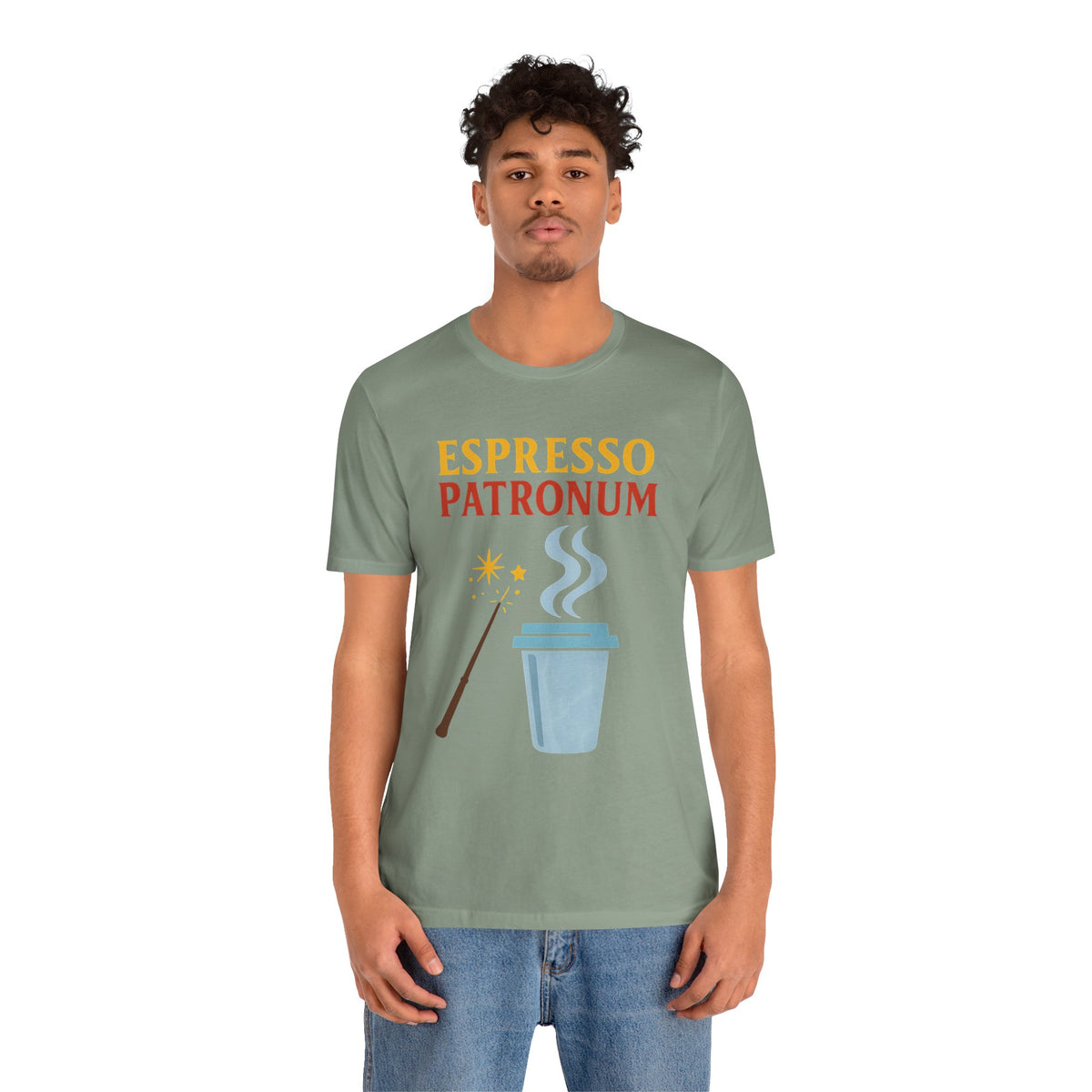 Sage green short-sleeve crewneck T-shirt featuring “Espresso Patronum” coffee graphic