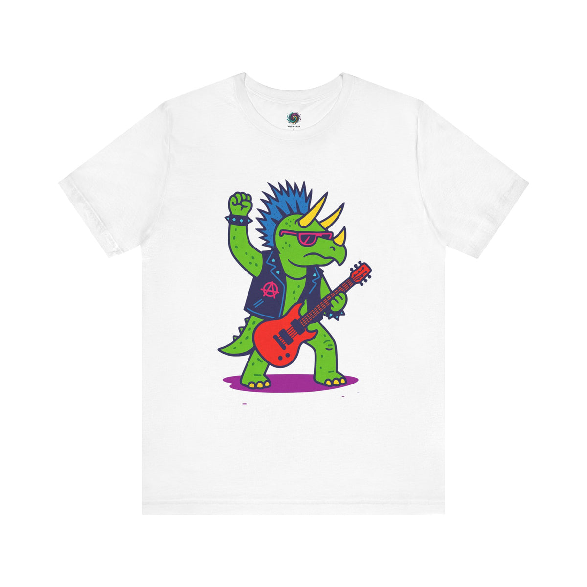 White crewneck T-shirt with colorful triceratops punk rocker graphic holding a red guitar
