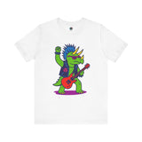 White crewneck T-shirt with colorful triceratops punk rocker graphic holding a red guitar