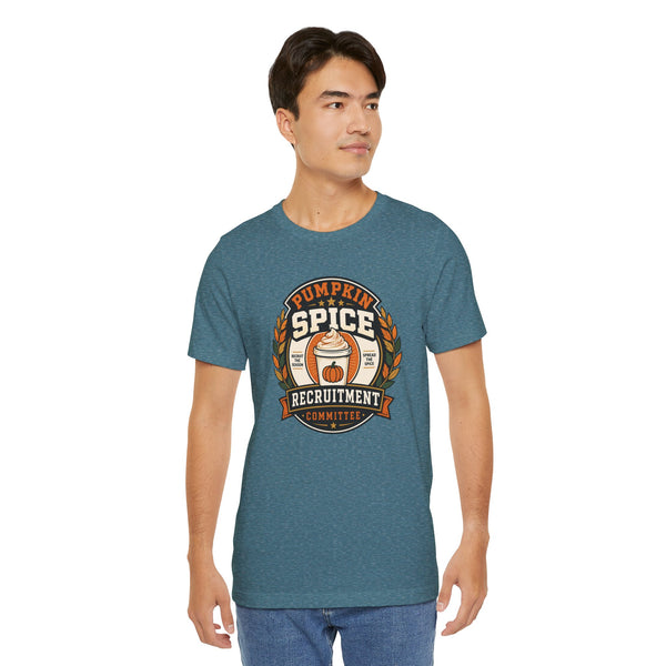 Teal crewneck T-shirt with Pumpkin Spice Recruitment Committee chest graphic