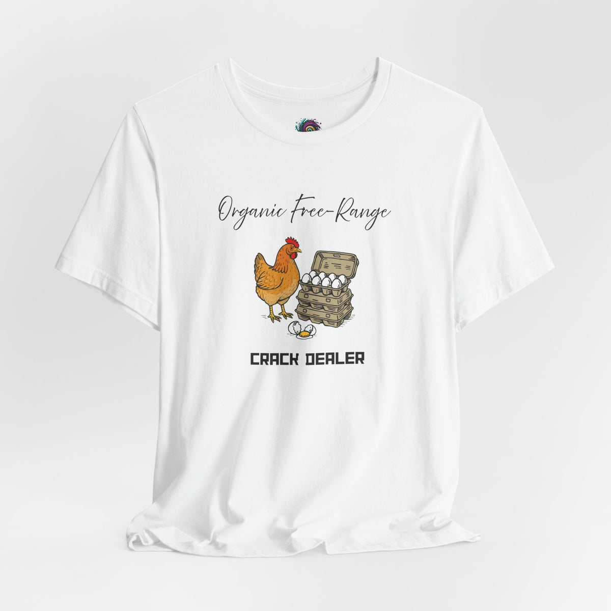 White crew-neck t-shirt with orange chicken graphic and “CRACK DEALER” text