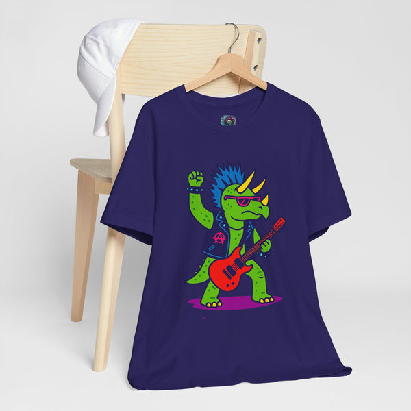 Purple crewneck T-shirt with green punk triceratops red guitar graphic on a hanger