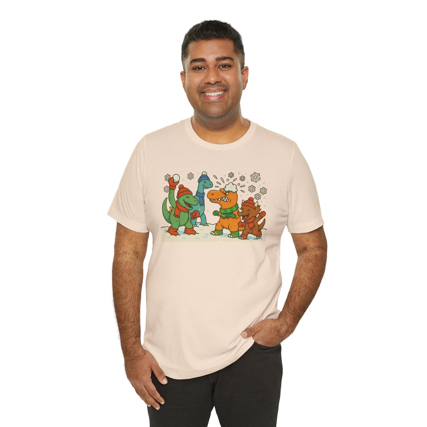 Dinosaur Snowball Fight T-Shirt – Funny Winter Dino Graphic Tee
