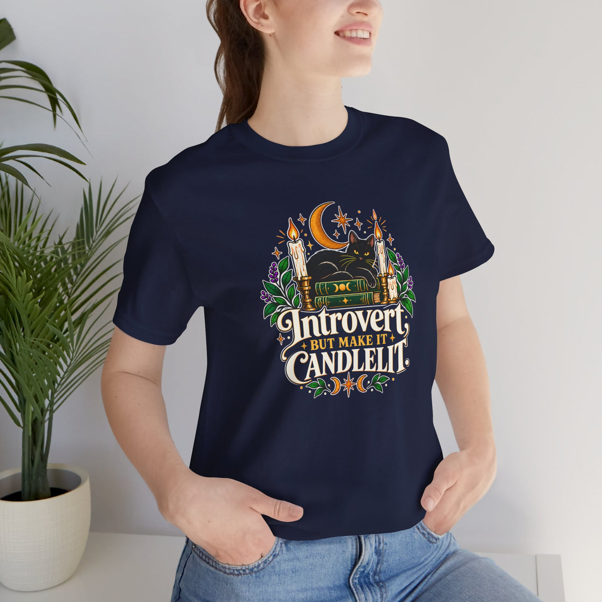 Introvert But Make It Candlelit T-shirt - Witchy Bookish Cat Tee