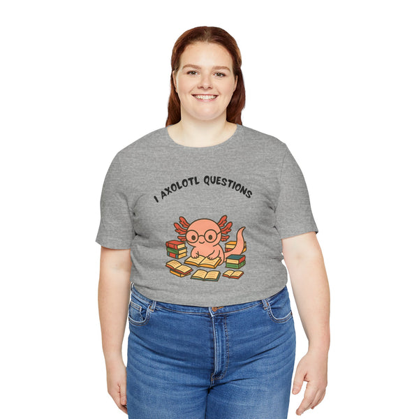 Heather gray crew t-shirt with axolotl reading books graphic, “I Axolotl Questions”