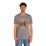 Heather gray crew-neck T-shirt with pumpkin spice self-care coffee graphic, full-body view
