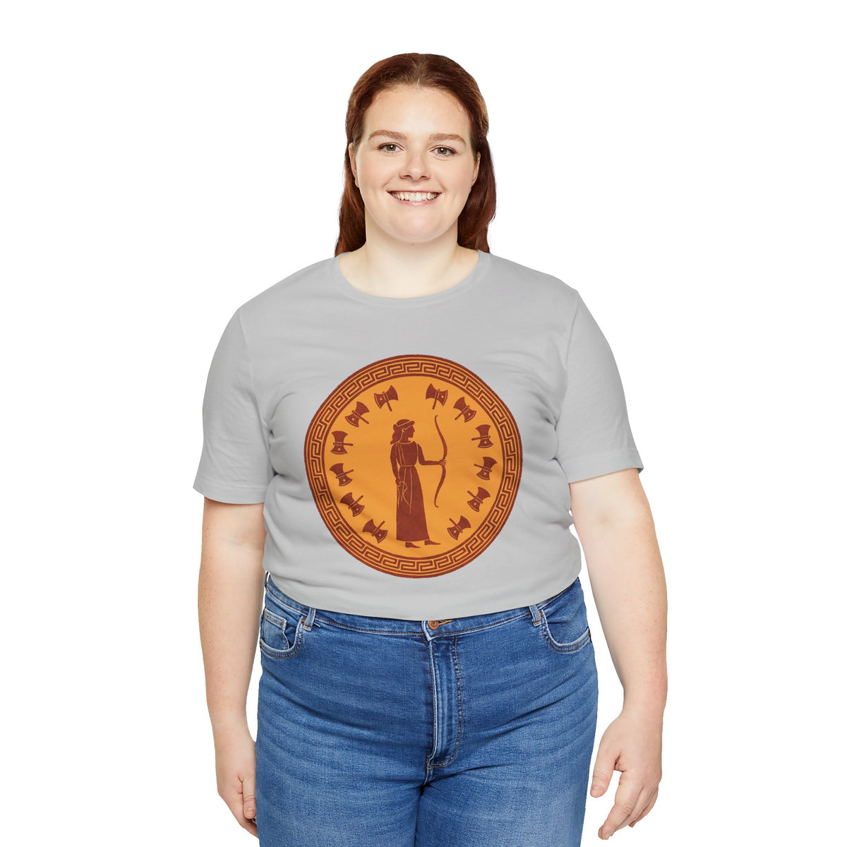 Heather gray crewneck T-shirt featuring an orange circular myth figure graphic at center