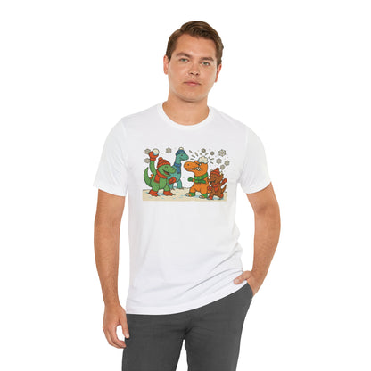 Dinosaur Snowball Fight T-Shirt – Funny Winter Dino Graphic Tee