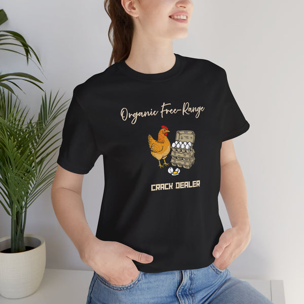 Black graphic T-shirt with chicken-and-eggs print and 'Organic Free-Range' text