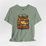 Sage green crewneck T-shirt with pumpkin graphic and small rainbow detail