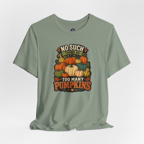 Sage green crewneck T-shirt with pumpkin graphic and small rainbow detail