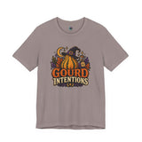 Gray witch and pumpkin graphic T-shirt with “Gourd Intentions” text on front