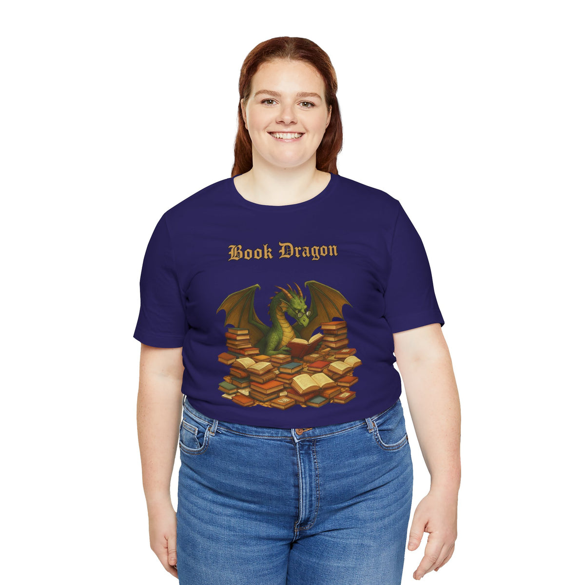Navy crew-neck t-shirt with dragon and stacked books graphic, relaxed fit