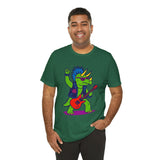 Green crew-neck graphic t-shirt, punk triceratops holding red electric guitar