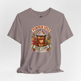 Heather gray crew-neck T-shirt with pumpkin spice self-care coffee graphic