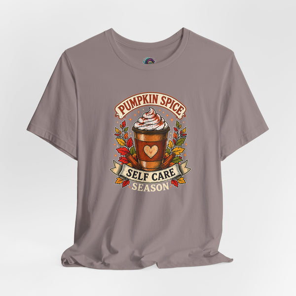 Heather gray crew-neck T-shirt with pumpkin spice self-care coffee graphic