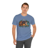 Blue crewneck T-shirt with campfire cryptid graphic, angled front