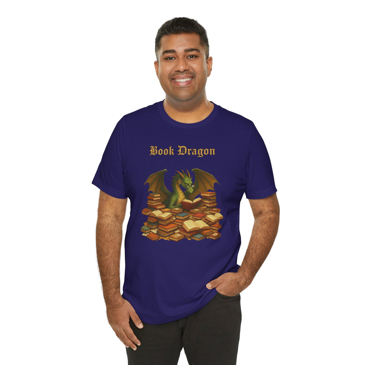 Navy t-shirt with dragon and stacked books front graphic, crew neck short sleeves