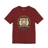 Maroon crewneck T-shirt with Pumpkin Spice Recruitment Committee logo graphic