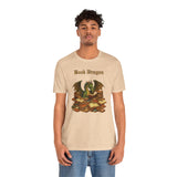 Tan crew-neck t-shirt with Book Dragon graphic, crew neckline
