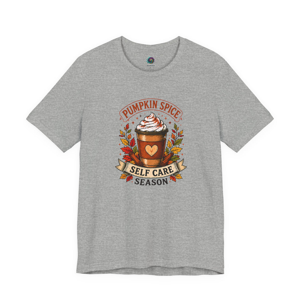 Heather gray T-shirt with "Pumpkin Spice" and "Self Care Season" graphic on chest
