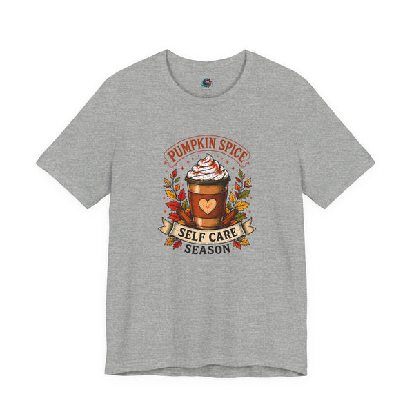 Heather gray T-shirt with "Pumpkin Spice" and "Self Care Season" graphic on chest