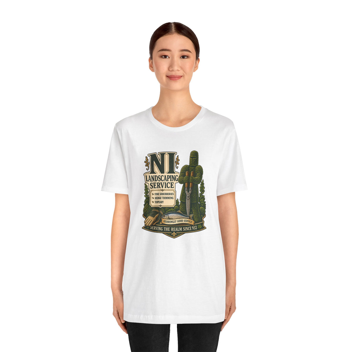 White crew-neck T-shirt with green medieval landscaping crest graphic on chest