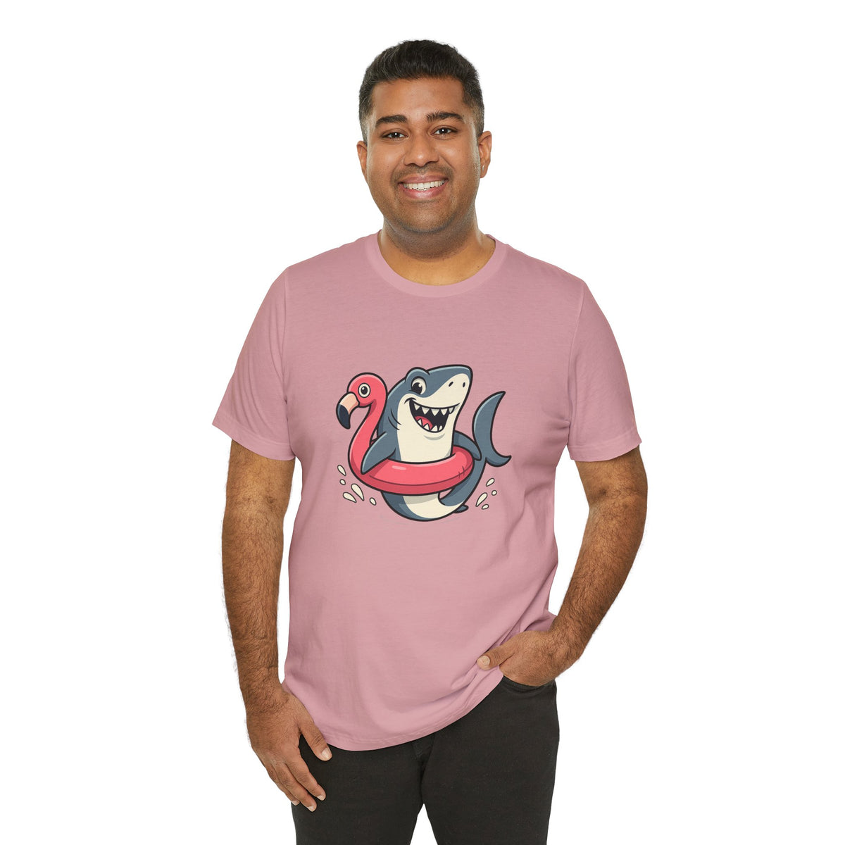 Light pink shark graphic T-shirt with flamingo floatie, crew neck short sleeves