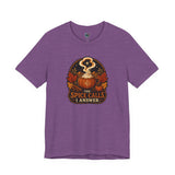 Purple crew-neck T-shirt with pumpkin-spice cauldron graphic